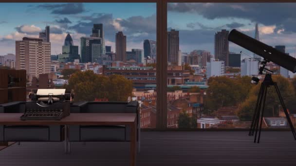 Een penthouse met het oog op de bezienswaardigheden van de stad van Londen — Stockvideo