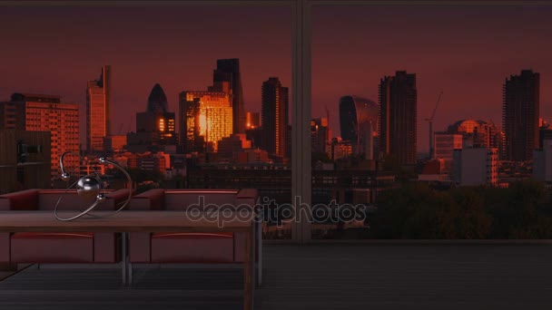 Een penthouse met het oog op de Scherf, de augurk en het pictogram skyline van Londen — Stockvideo