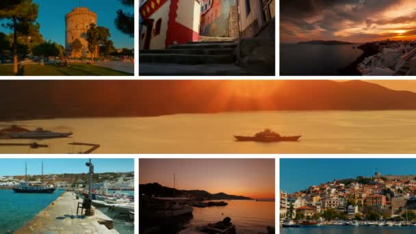 ギリシャのコレクション ギリシャで最も有名な観光地のいくつかのビデオのポストカードなどミコノス島 サントリーニ島 タソス島 デロス島 カヴァラ テッサロニキ — ストック動画