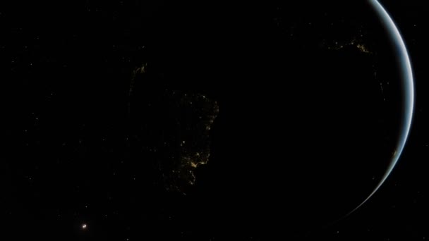 Animation spatiale montrant la rotation et l'orbite des Terres autour du soleil sur un fond étoilé 