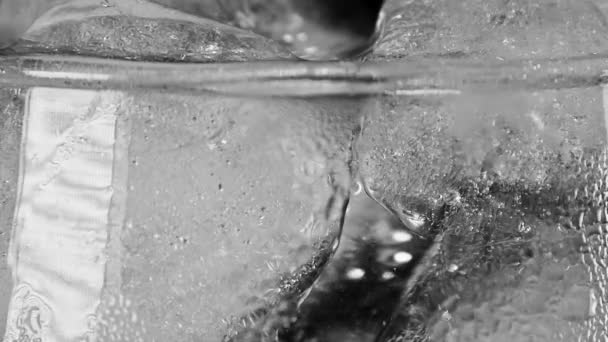 Макрозйомка Кубиків Льоду Падає Склянку Води Чорному Тлі — стокове відео