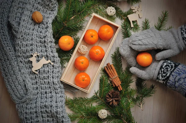 Tangerine et branches de sapin dans les mains des enfants ferment sur fond de bois rustique — Photo