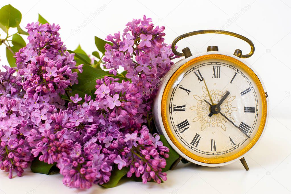 spring decoration of lilac blossom, old watch dial on white background