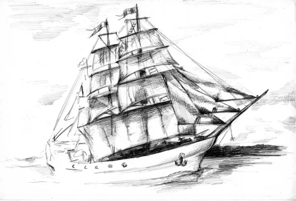 Tekening van een zeilboot schip in zee, grafische illustratie met inkt pen — Stockfoto