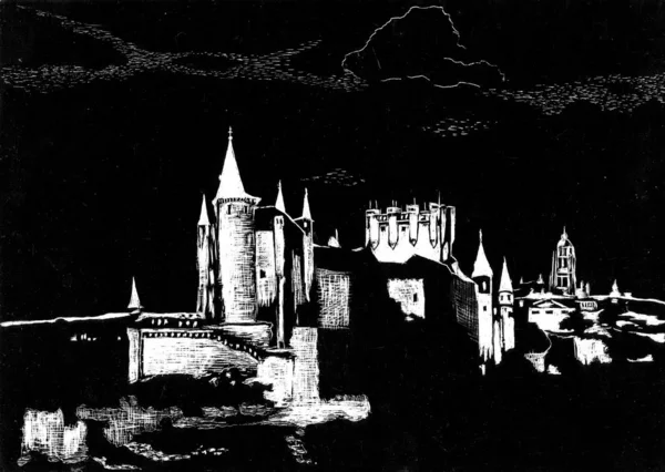 Castle silouette. Made in black and white Scraping graphics technique