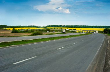 Yol ve sarı çiçek açan tecavüz tarlaları arka planda. Resimli bahar manzarası.
