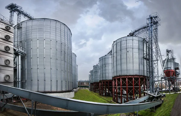 粮仓贮存小麦和其他谷物的一组粮仓在多云的天空中一排粮仓 — 图库照片