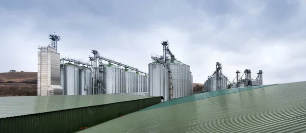 Silos for storage of grain, silo roof close-up. Warehouse of wheat and other cereals. view through the roofs of warehouses