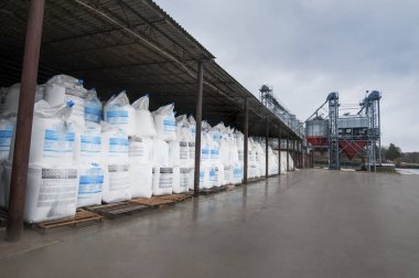 Bolotnya, Peremyshlyany district, Lviv region, Ukraine - February 03, 2020: Chemical fertilizer A urea bag at warehouse in stock agrofirm Dzvonu