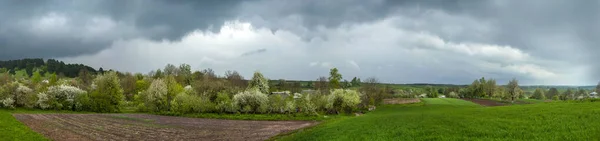 雷雨前 村郊的果园全景和多云的天空 春天的农村 — 图库照片