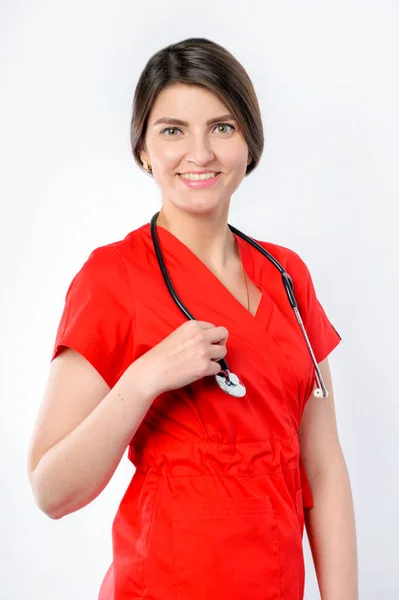 Female Attractive Doctor Stethoscope Smiling Standing White Background Royalty Free Stock Images