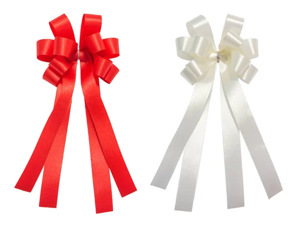 Red and white bow tale glossy ribbon, christmas, reward, prize, — Stock Photo, Image