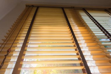 kahverengi ahşap perde kontrol vasıl pencere hafif sızıntı ile aydınlatma