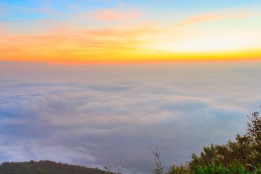 gündoğumu zaman ve sis Dağı'nda Phu-Ruea Milli Parkı, Loei Tayland çevresinde