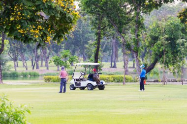Profesyonel golfçü erkek ve kadınlar golf sahasına çantalarını taşır. Gün boyunca parlak sarı çimenler ve golf elektrikli arabaları yanlarından ayrılmaz.