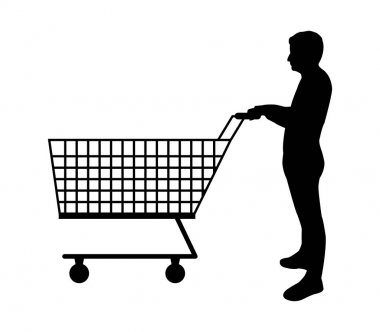 adam beyaz arka plan üzerinde alışveriş sepeti ile