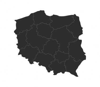 Beyaz arka plan üzerinde bölgeleriyle Polonya harita