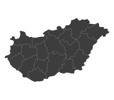 Beyaz arka plan üzerinde bölgeleriyle Macaristan haritası
