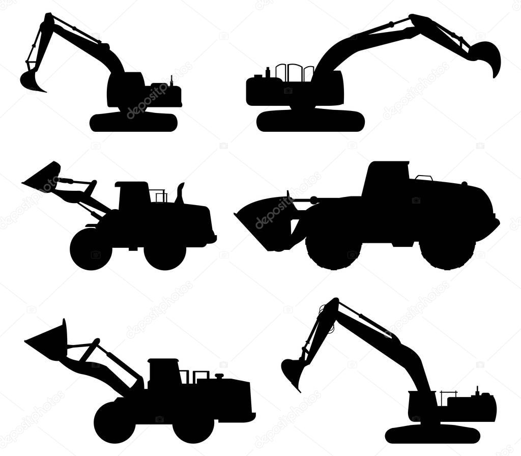 set of excavators on a white background