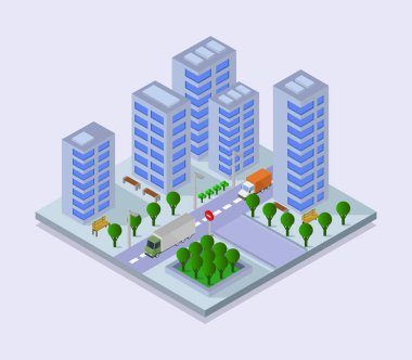 Modern şehir inşaatı izometrik vektör çizimi.