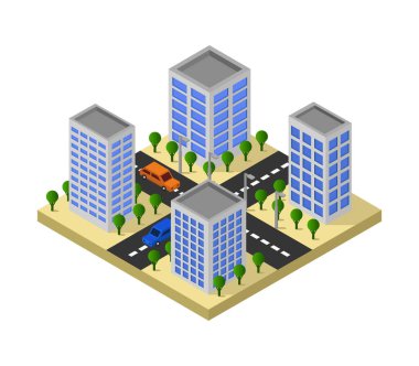 Modern şehir inşaatı izometrik vektör çizimi.