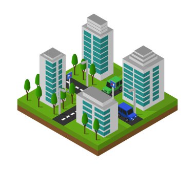 Modern şehir inşaatı izometrik vektör çizimi.