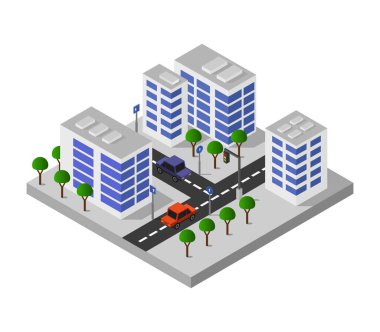 Modern şehir inşaatı izometrik vektör çizimi.