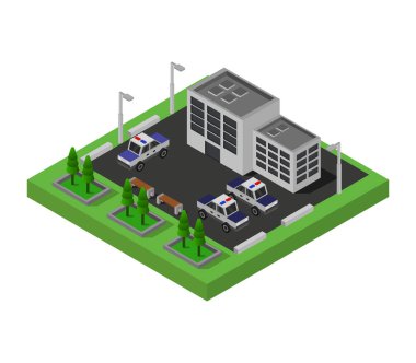 Beyaz arka planda Isometric polis karakolu