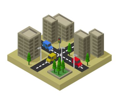 Modern şehir inşaatı izometrik vektör çizimi.
