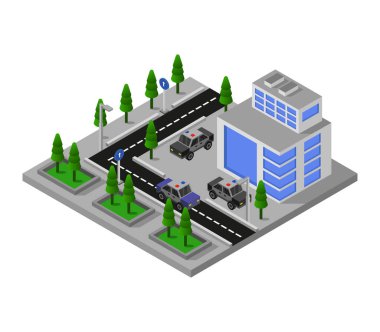 Beyaz arka planda Isometric polis karakolu