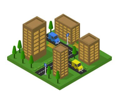 Modern şehir inşaatı izometrik vektör çizimi.