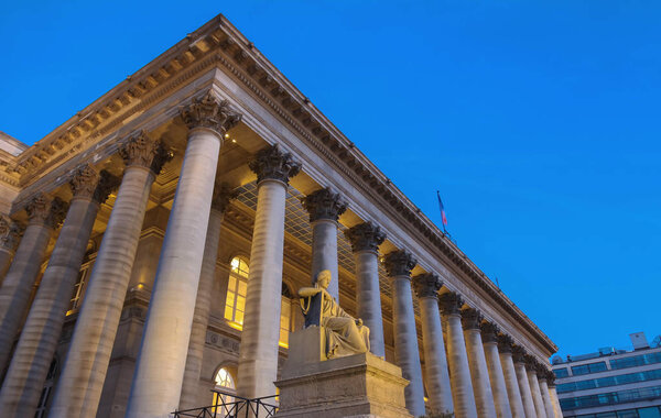 The Bourse of Paris- Brongniart palace at night,Paris, France.