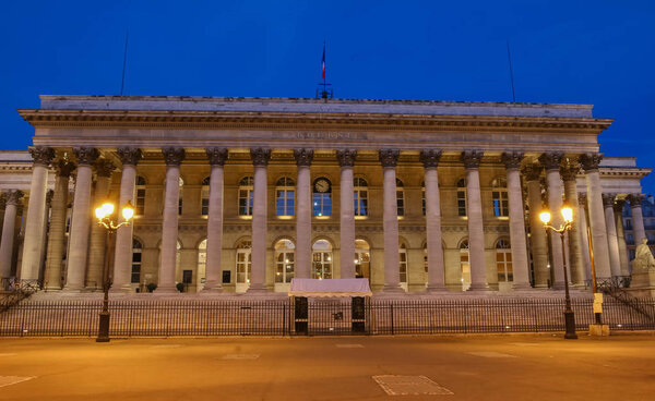 The Bourse of Paris- Brongniart palace at night,Paris, France.