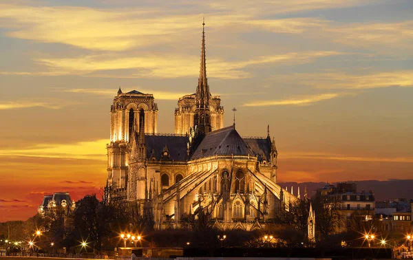 Günbatımında Notre Dame Katedrali 'nde. Fransız Gotik mimarisinin en iyi örneklerinden biri olarak kabul edilen ve Paris 'in en çok ziyaret edilen eserlerinden biri olan tarihi Katolik katedrali..
