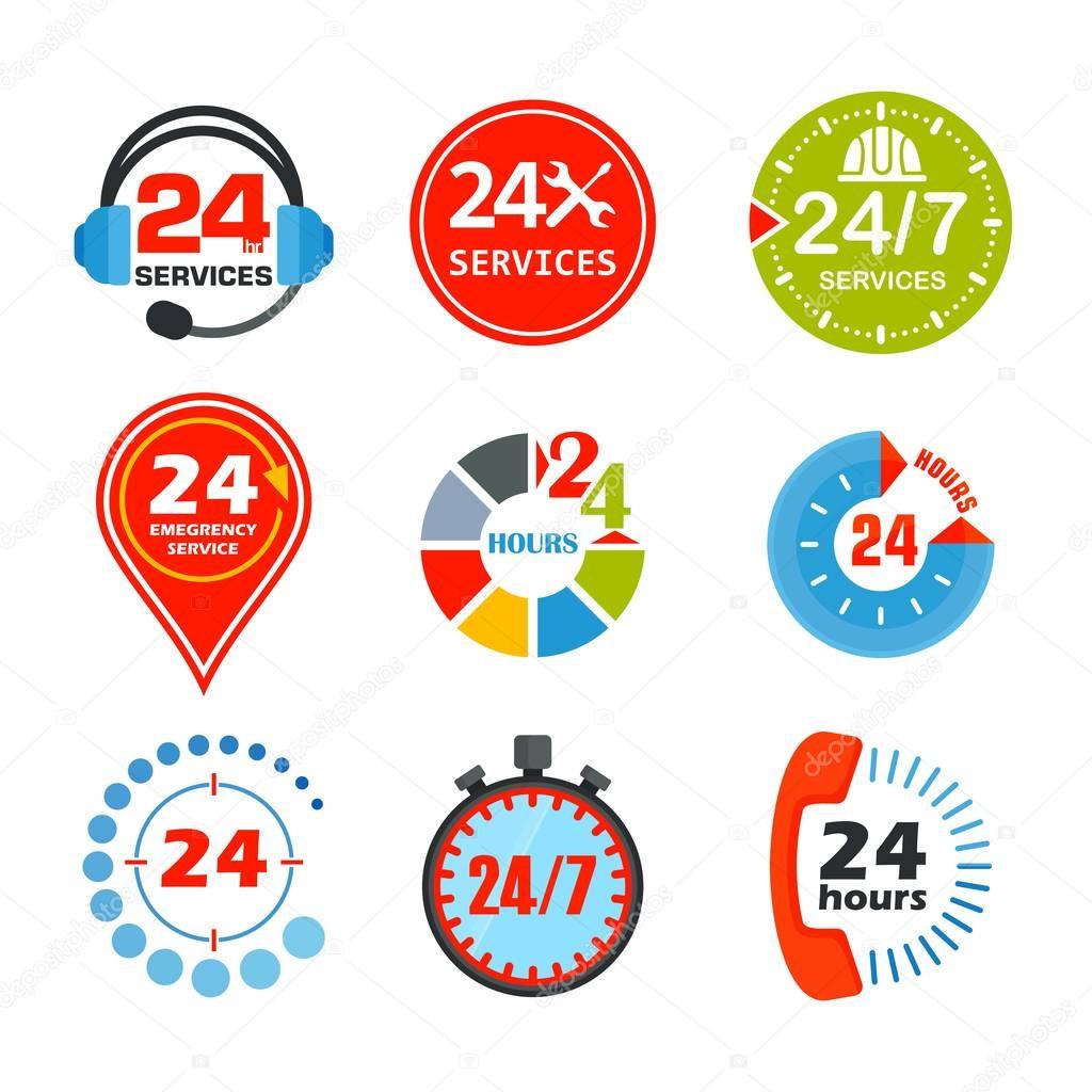 Set of around the clock sign. Open 24 hours a day icons for shops, cafe and other enterprises Service Service. Flat vector cartoon illustration. Objects isolated on a white background.