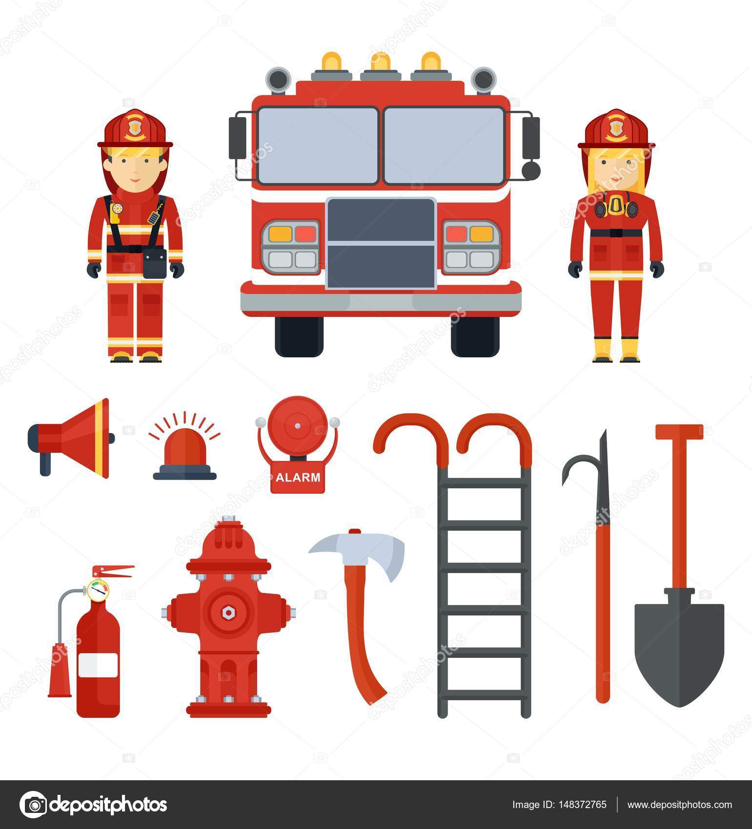 Conjunto de bombeiro equipamento de incêndio Vetor de ©quarta 148372765, image size:1541x1700