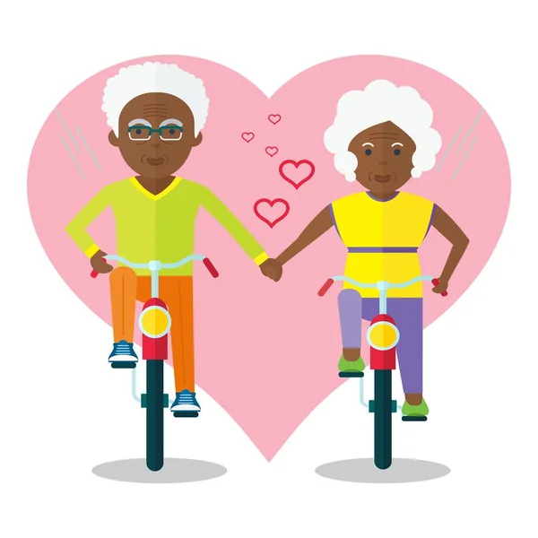 Bisiklet üzerinde aşık siyah yaşlı insanlar — Stok Vektör