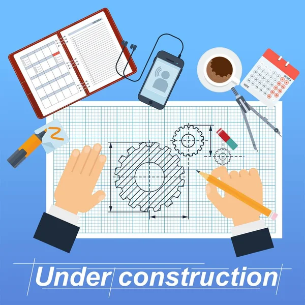 Bajo cartel de construcción con mano — Vector de stock