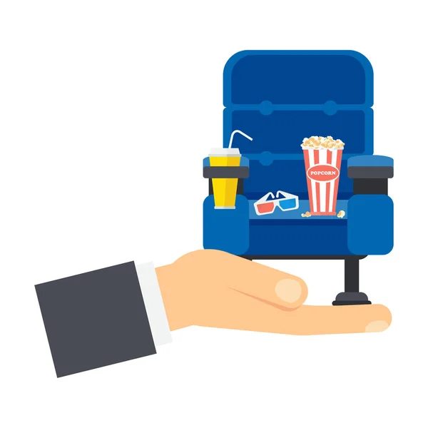 Hand met blauwe bioscoop stoel — Stockvector
