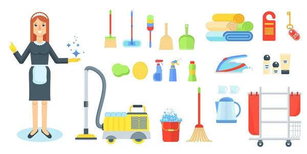 Empregada doméstica com suprimentos de limpeza —  Vetores de Stock