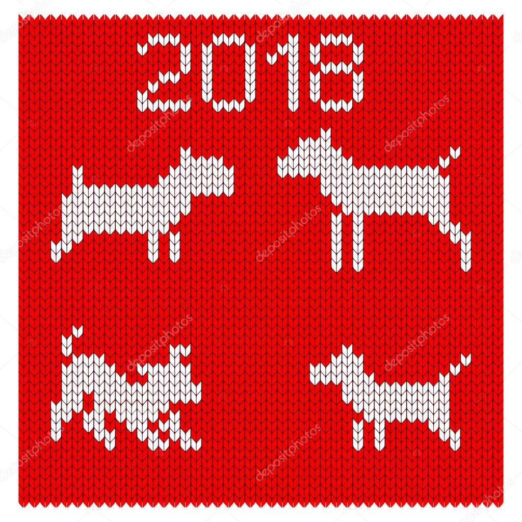 Christmas pattern knit. Dog as symbol of New Year 2018 on red knitted fabric background. Flat vector cartoon illustration. Objects isolated on white backdrop.