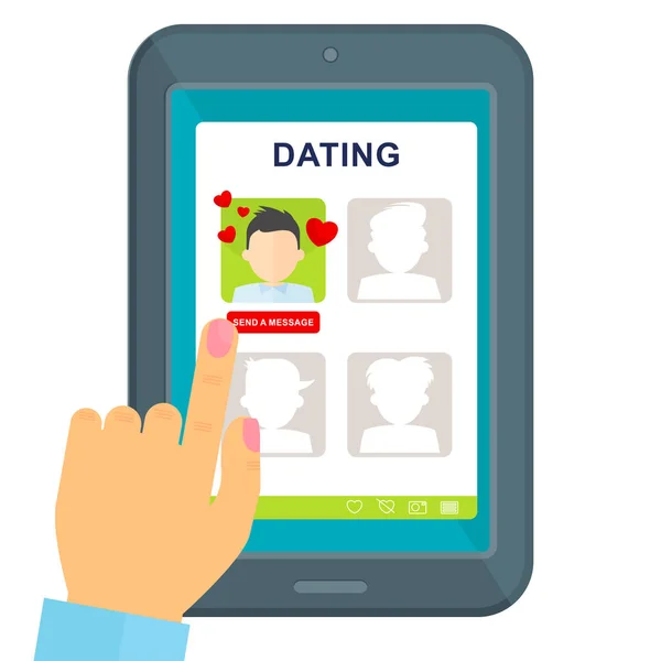 Dating-Mädchen wählt Typen auf Tablet — Stockvektor
