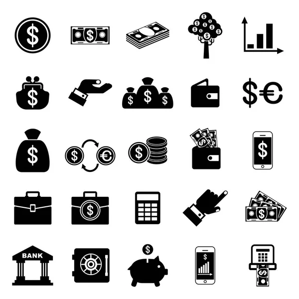 Geld gerelateerde zwarte iconen set — Stockvector