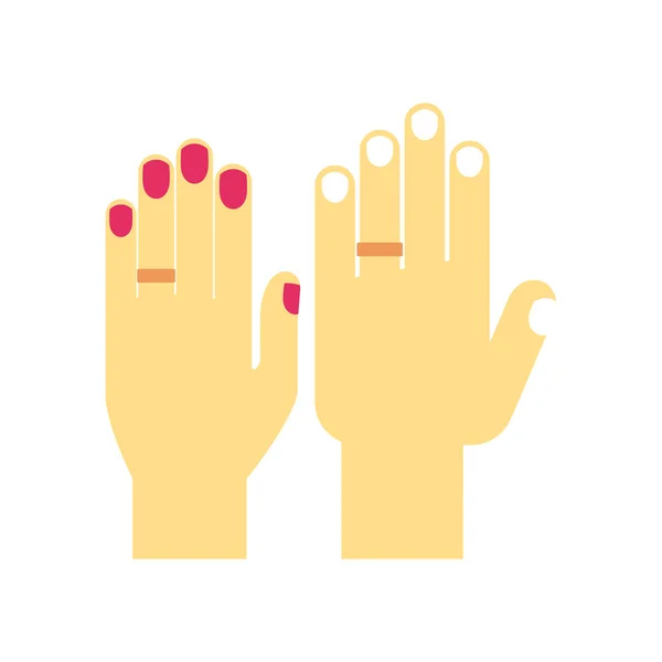 Manos de boda en anillos — Vector de stock