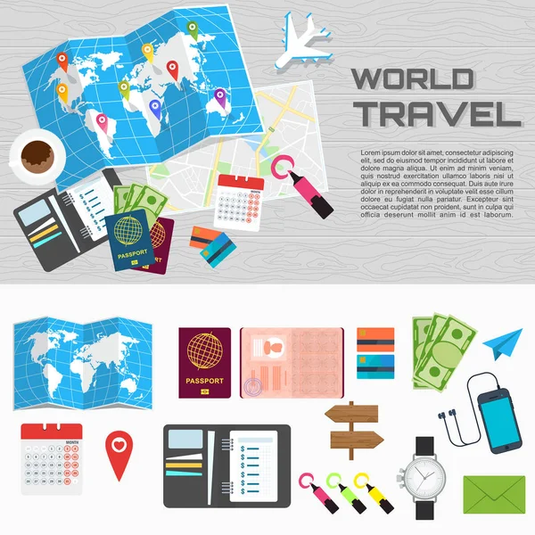 Carte de voyage du monde sur la table affiche — Image vectorielle