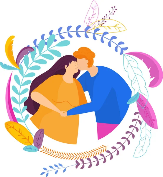Couple in love in floral frame. Trendy flat cartoon style. — Stock Vector