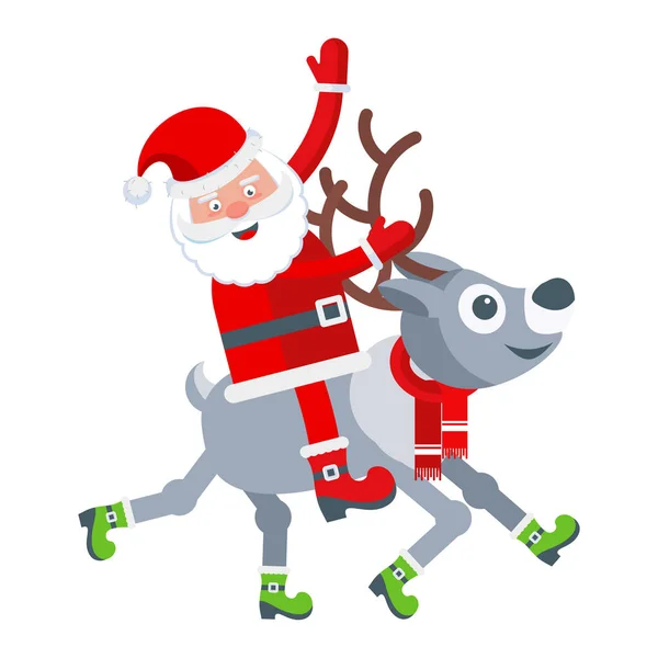Lustiger Rentier-Weihnachtsmann mit Hut und Schal, der mit seiner Pfote wedelt. — Stockvektor
