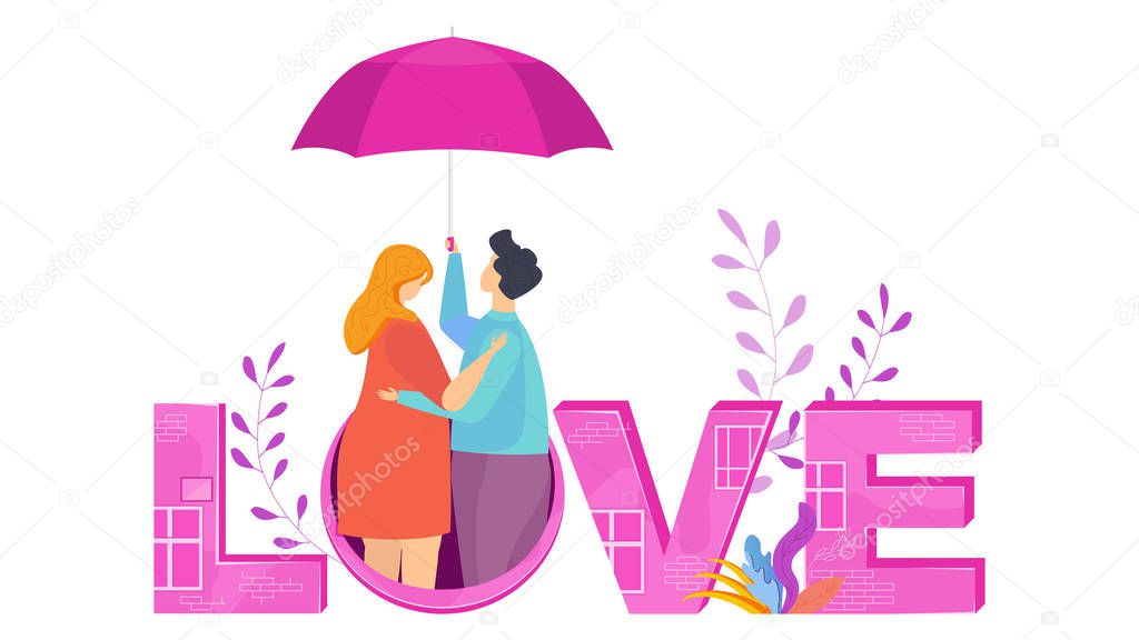 Love lettering. Hugging couple in love under an umbrella.