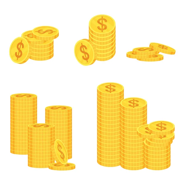 Set di pile di monete d'oro dollaro su sfondo bianco . — Vettoriale Stock