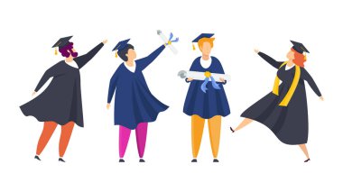 Mezuniyet partisi. Bir grup eğlenceli insan, genç öğrenciler.